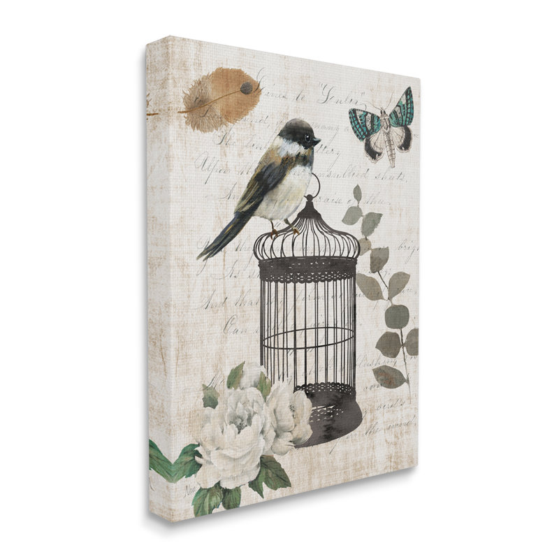 «Vintage Bird Cage Butterfly Floral Script Words», peinture sur toile, Toile tendue, H 20 po x l 16 po x P 1,5 po