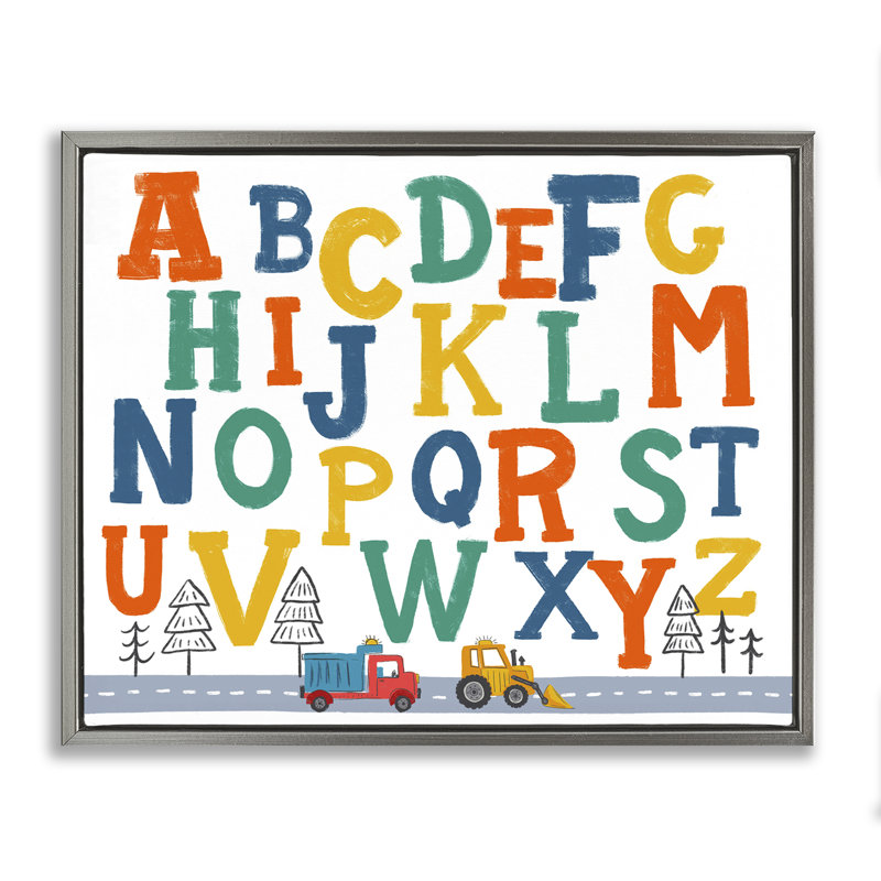 "Alphabet & Construction Camions", art mural sur toile flottante noire par Diane Labombarbe, Cadre flottant gris lustré