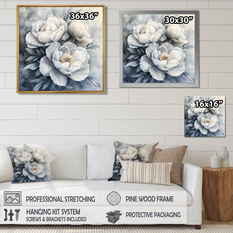 Pivoine monochrome givrée Bloom III - pivoines, art mural, H 16 po x l 16 po, Reproduction encadrée d'une seule photo