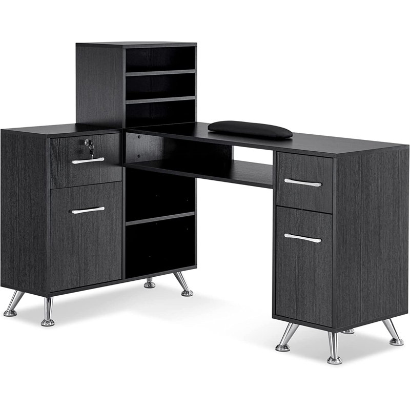 BarberPub L-Shape Nail Desk with Multiple Drawer and Storage Cabinet, Black/Silver