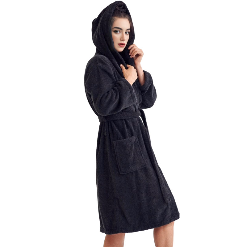 Peignoir mi-mollet 100% coton avec poches et capuche Seine, Noir, Taille unique