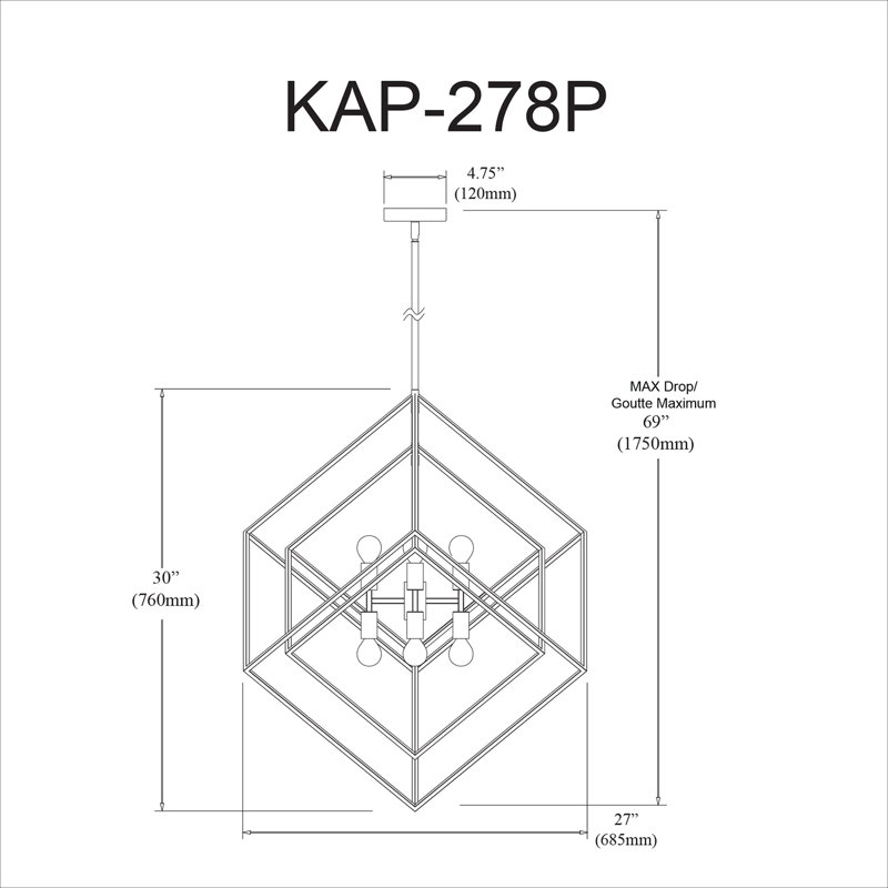 Lustre carré / rectangulaire à 8 lumières de style bougie Kappa, Chrome poli