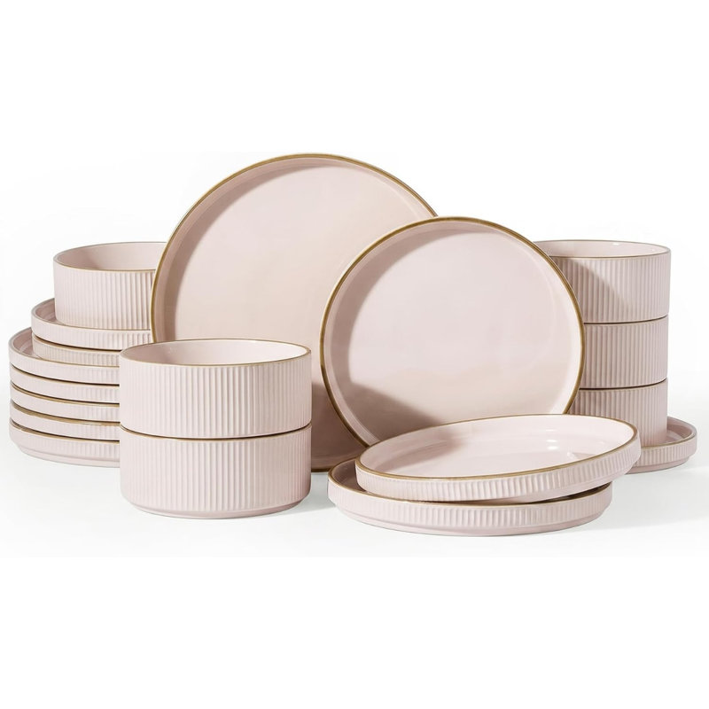 Service de table en grès pour 6 personnes, assiettes et bols avec bordure, 18 pièces, en céramique rose, résistant aux ébréchures et aux égratignures, compatible micro-ondes et lave-vaisselle, idéal pour un usage quotidien et formel.