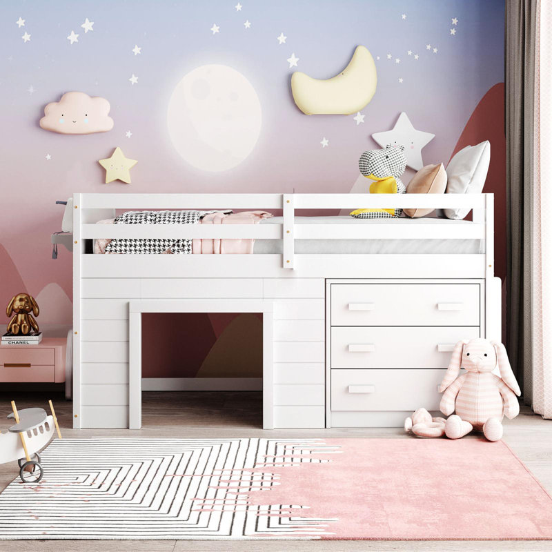 Donatello Kids Twin Loft Bed with Drawers, White