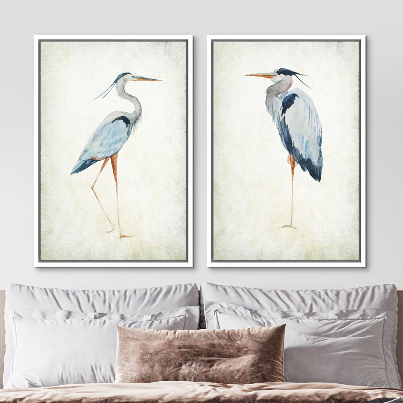 Blue Heron Bird Portrait Coastal Beach Decor - Framed Canvas Master Bedroom Wall Art Set 2 Print, 24" H x 16" W, White