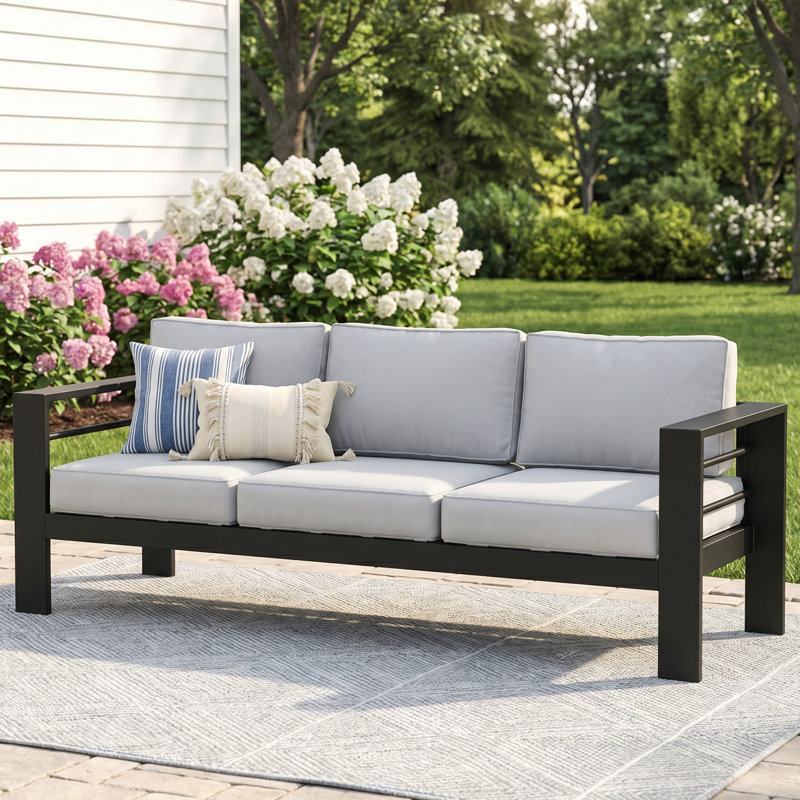 75" Patio Sofa with Cushions, Grey Cushion/Black Frame