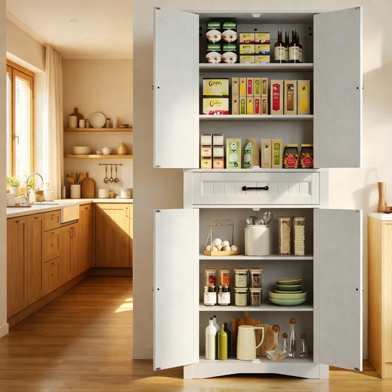 Orys 71'' Freestanding Pantry Cabinet with Drawer, Adjustable Shelves, Magnetic Doors, and Anti-Tip Design, White