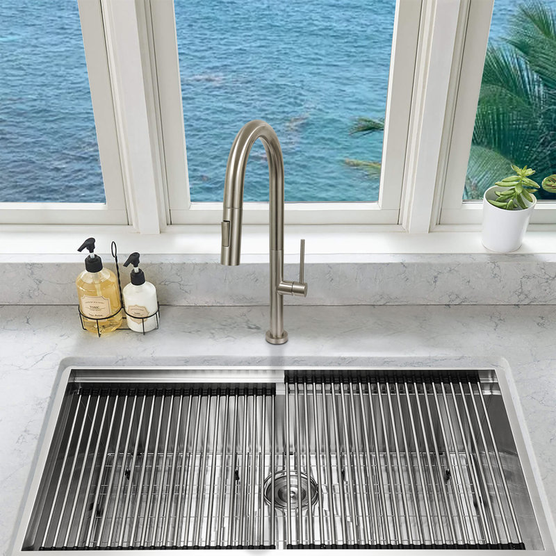 KBFmore 17.63 Inch Dual Function Stainless Steel Kitchen Faucet with Pull Out Down Spray Head, Brushed Nickel