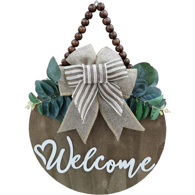 Enseigne de bienvenue 3D pour porte d'entrée | Signe suspendu en bois avec feuilles artificielles et perles rustiques | Classe de Noël | Rond 12 po