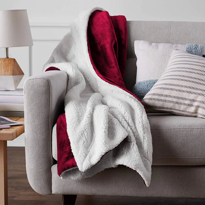 Super Soft Sherpa Fleece Fur Thick Dual Sided Flannel Reversible Blanket Throw, Burgundy, Double 150cm x 200cm