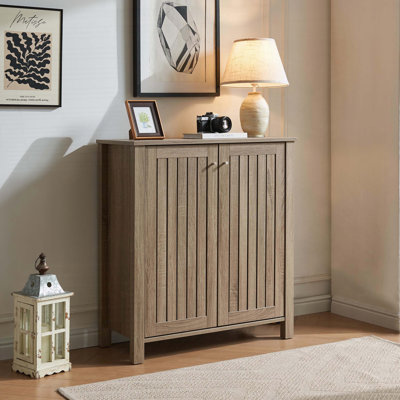 2-Door Slat Style Vented Shoe Cabinet with 4 Shelves – Dark Taupe