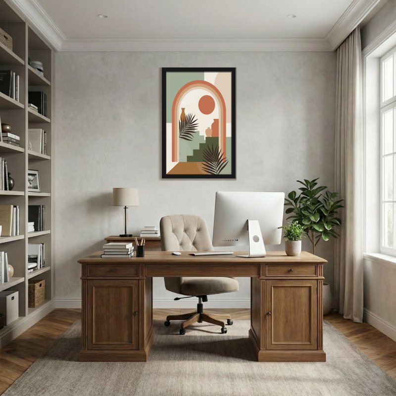 Abstrait arche du désert avec vases et feuilles de palmier, H 18 po x l 12 po