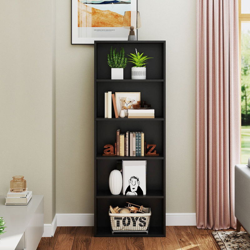 Tall Bookcase, Space-Saving Freestanding Display Shelf With Storage For Living Room, Bedroom, Or Office, Black