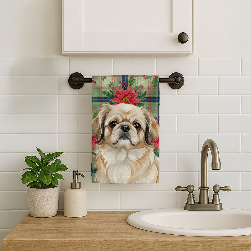 Fawn Pekingese Christmas PoinsettIas Kitchen Towel, Fawn Pekingese