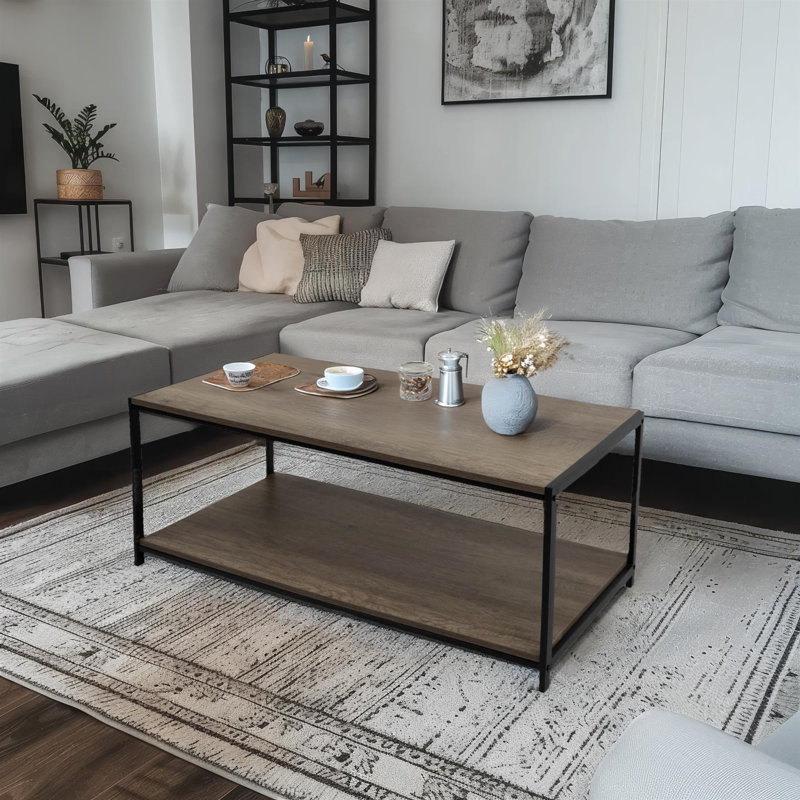Addallee Coffee Table Rustic Wooden Grey Grain Finish Living Room Storage Shelf 2 Tier