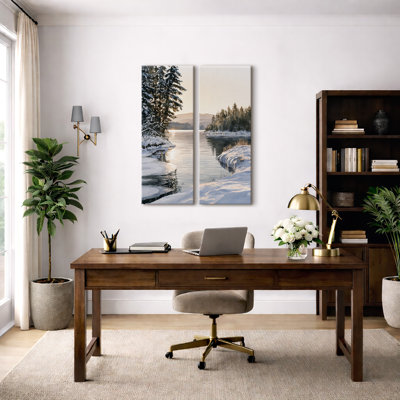 «Snowy Pine Forest and Mountain Lake», ensemble de 2 reproductions d'art murales encadrées sur toile 32 po x 12 po x 2