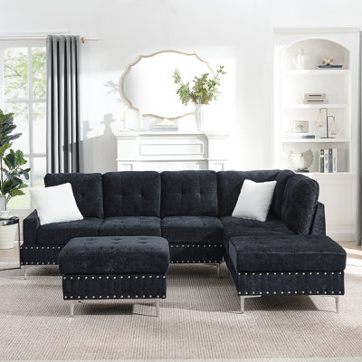 L -Shaped Upholstery Sectional With  Chaise,3-Seaters Sofa With Storage Ottoman And Copper Nails