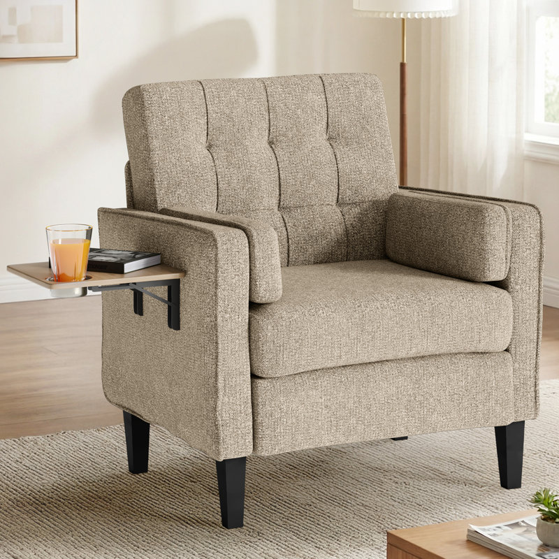 29" Wide Upholstered Solid Wood Accent Chair With Folding Side Table, Beige