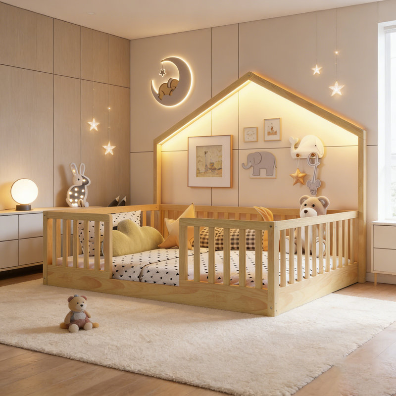 Floor Bed With High Safety Rails, Wooden Montessori Design For Kids, Natural, Full