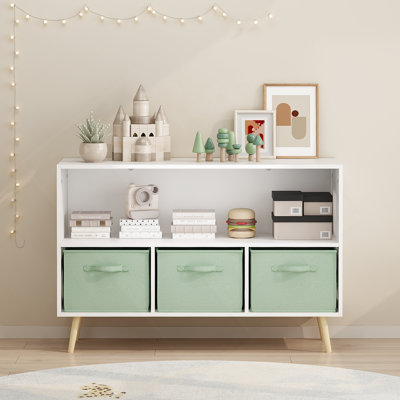 Kids Bookcase With Collapsible Fabric Drawers, Children's Book Display, Toy Storage Cabinet Organizer, White/Green
