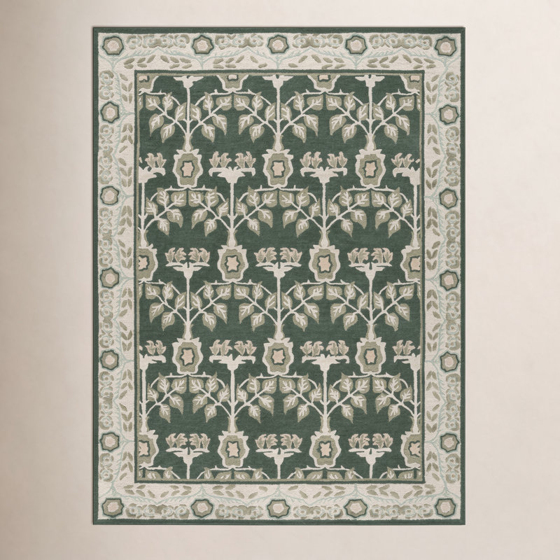 Tapis vert / ivoire en laine / coton / viscose touffeté à la main Sybil, Rectangulaire 8 pi x 10 pi