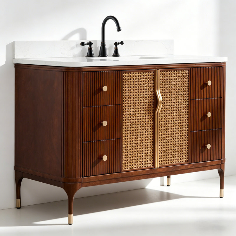 48" Freestanding Single Sink Solid Wood Mid-Century Glam Bath Vanity with Engineered Marble Top, Brown