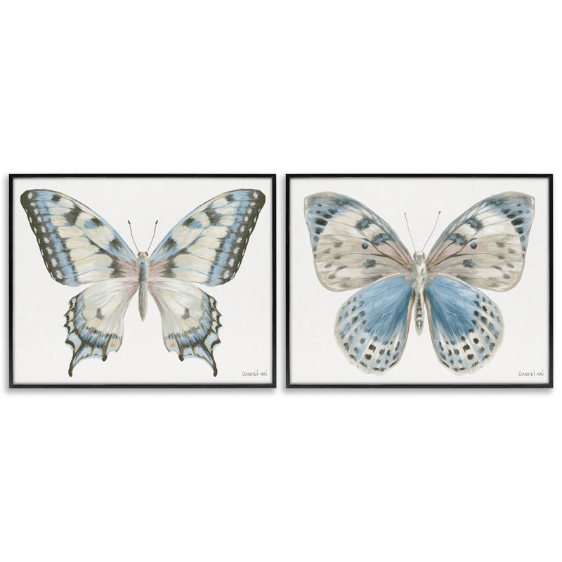 Ensemble de 2 giclées encadrées bleues avec papillons décoratifs, design par Danhui Nai, Giclée encadrée noir minuit