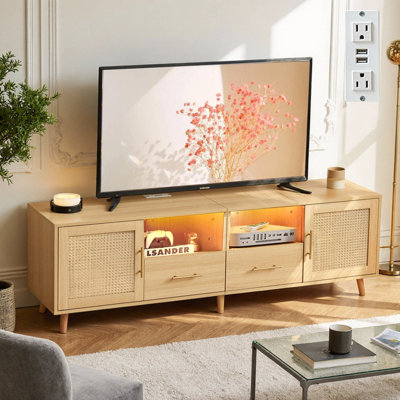 Heyer 63"W Large Wood Rattan TV Stand for TVs up to 75" with LED Light and Charging Station, Coastal Media Console Table with Storage Cabinet, Mid Century Multimedia Storage Furniture with 2 Drawers,Boho Lighting TV Cabinet with Open Shelves