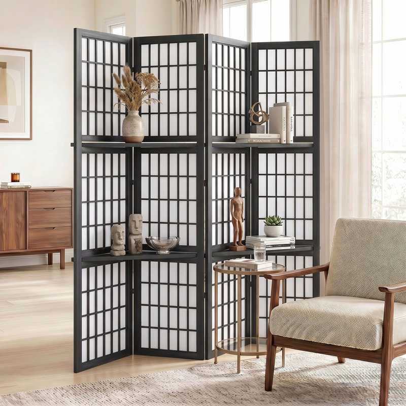 Cloison de style japonais à 4 panneaux avec tablettes - couleur noire, 4, Noir