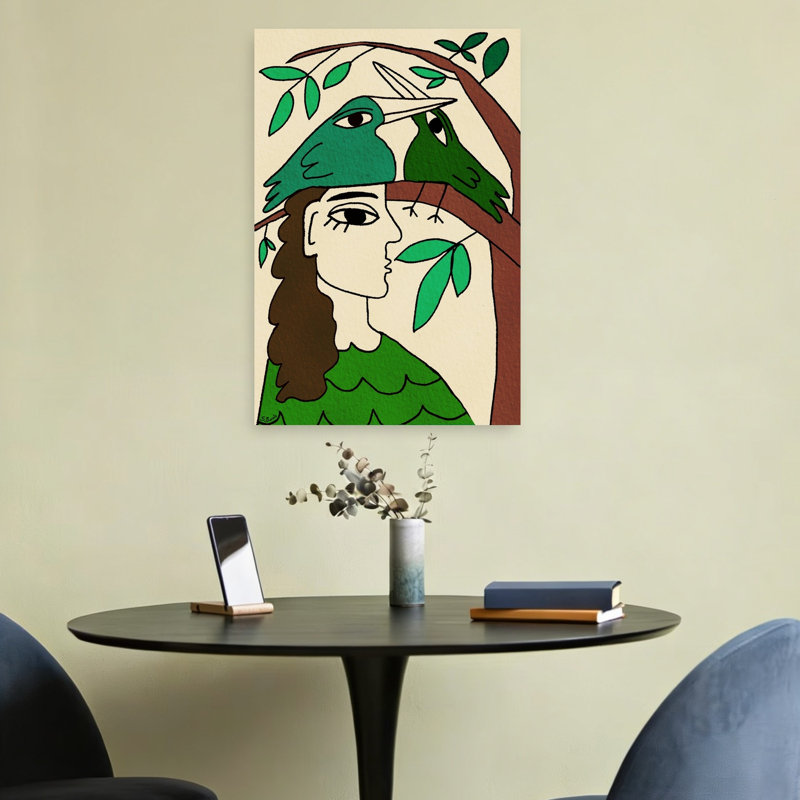 «Woman with Green Birds», reproduction d'art biologique moderne, arbre paisible, H 24 po x l 16 po