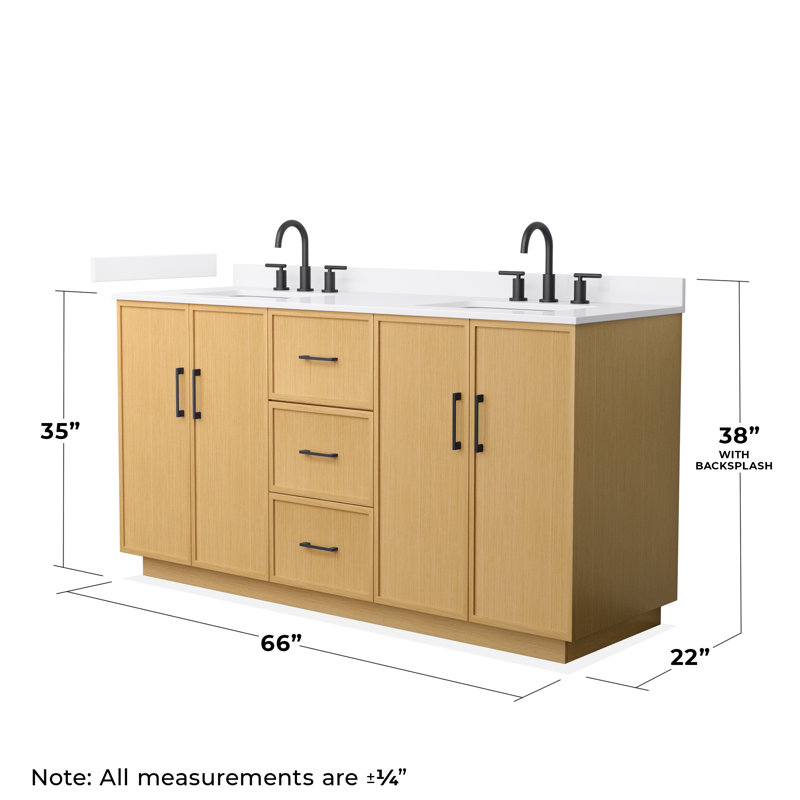 Elan TK 66" Freestanding Double Bathroom Vanity with Quartz Top, White Quartz, Light Oak, Matte Black