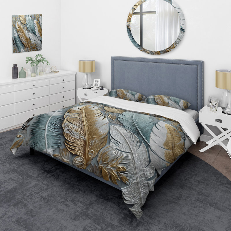 Ensemble de housse de couette en microfibre / polyester Gold Gilded Feathers