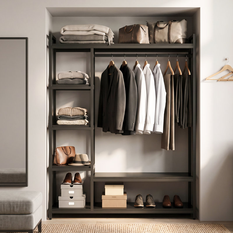 Étagère de rangement de 120 cm de large avec 6 tablettes et tringle., Noir