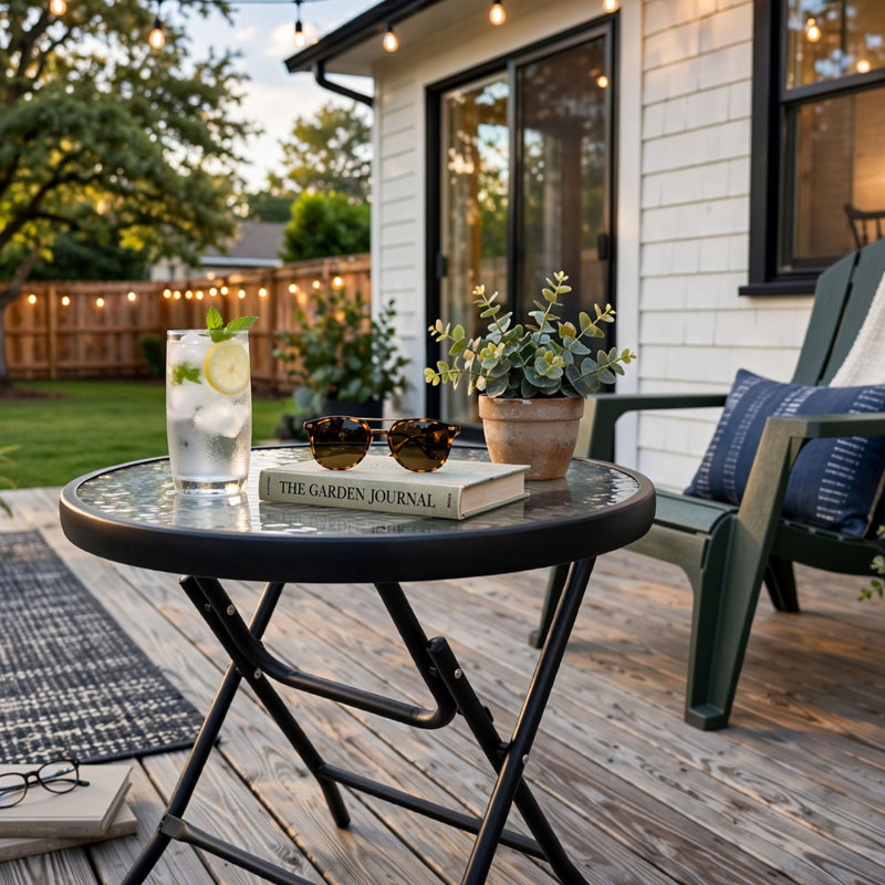 Table d'appoint d'extérieur pliante avec plateau en verre trempé, petite table de bout de patio pour balcon, terrasse, porche et bord de piscine