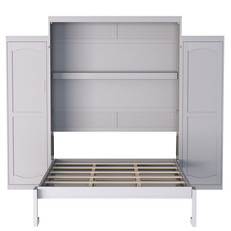 Gray Foldable Queen Size Bed With 2 Wardrobe And Storage Shelf, Multifunctional Platform Bedframe For Bedroom, Wood Structure Arrangement - Guest, Compartment Design
