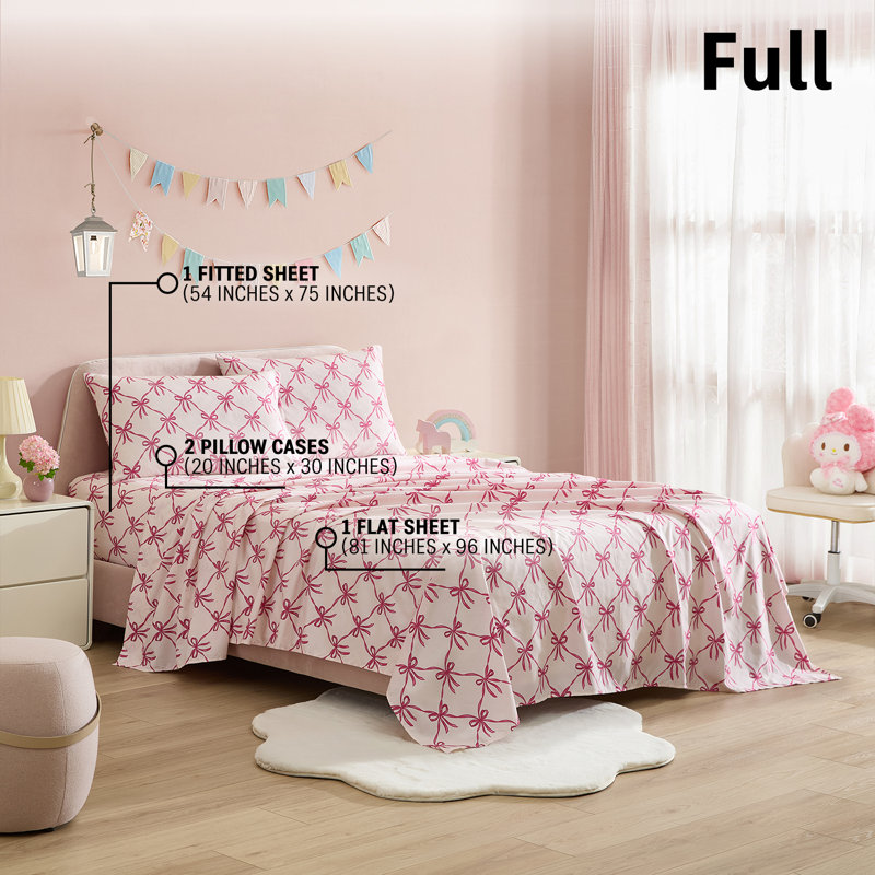 HLC.ME Pink Bows Printed Bed Sheets - 4 Piece Patterned Bed Sheet Set - Wrinkle Resistant & Soft - Fits Mattresses Up To 15 Inches Deep - Full
