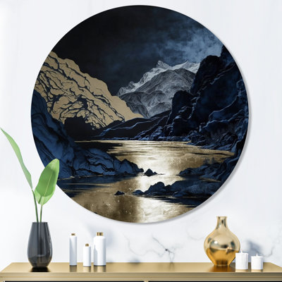 «Gold Frosted River And Mountain III - Forest River Mountains», art mural rond en métal