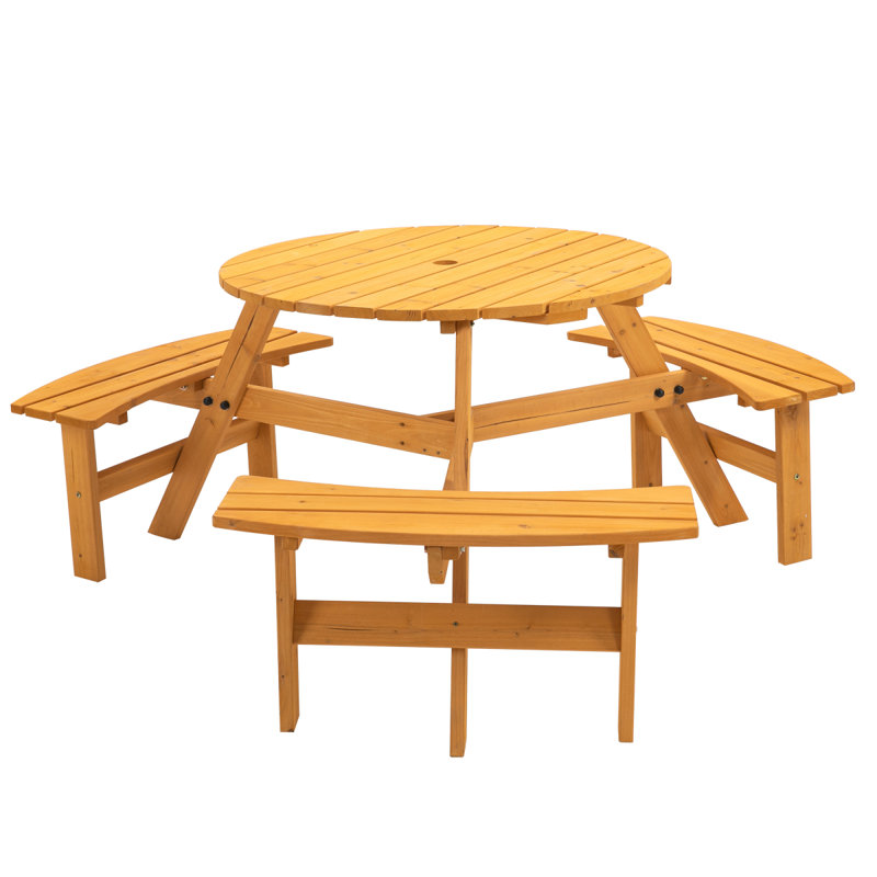 Table de pique-nique circulaire 6 personnes avec 3 bancs intégrés, Naturel