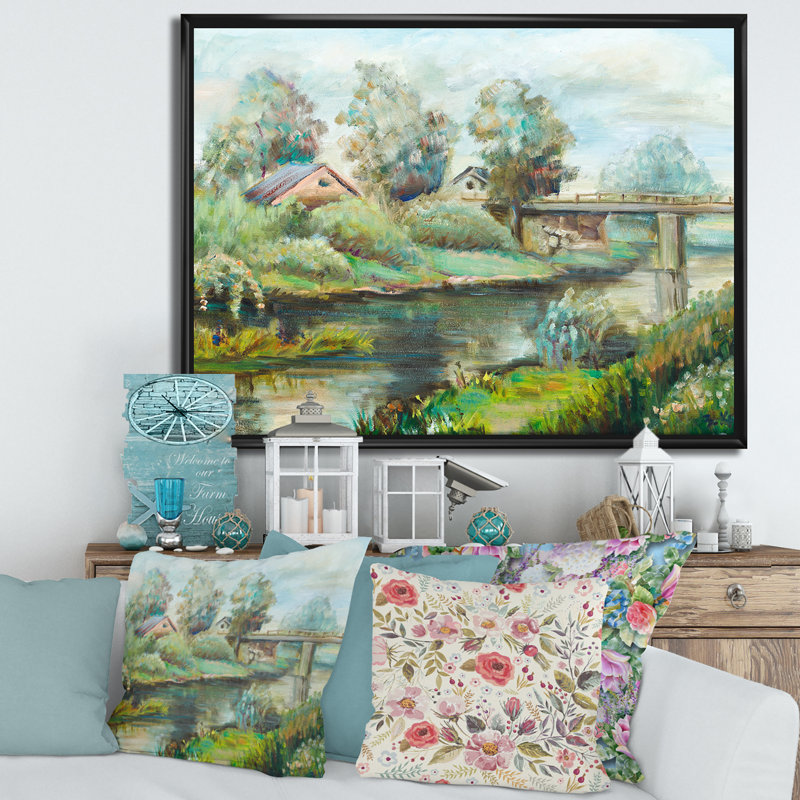 Pont sur la rivière dans un paysage rustique - peinture sur toile, H 24 po x l 32 po x P 1 po, Cadre flottant noir