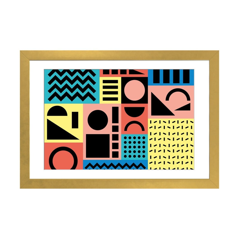 Motif de Memphis 17 - années 80/90 rétro - reproduction d'art mural - papier d'art encadré, H 16 po x l 24 po, Doré