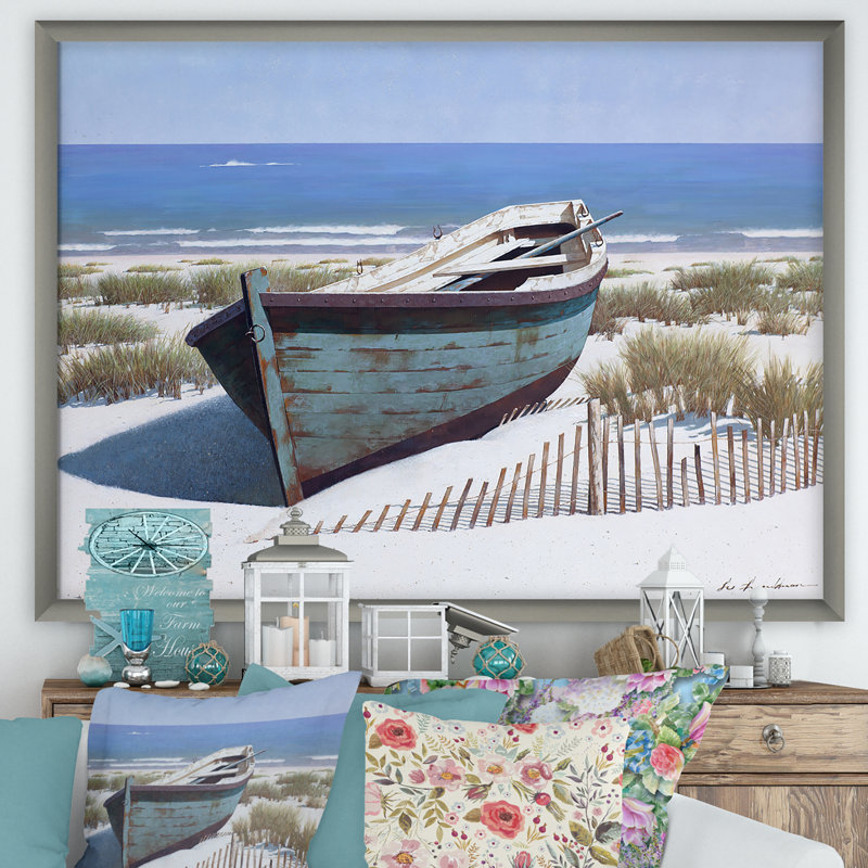«Blue Boat on Beach», reproduction sur toile encadrée, Cadre argenté, H 20 po x l 20 po x P 1 po