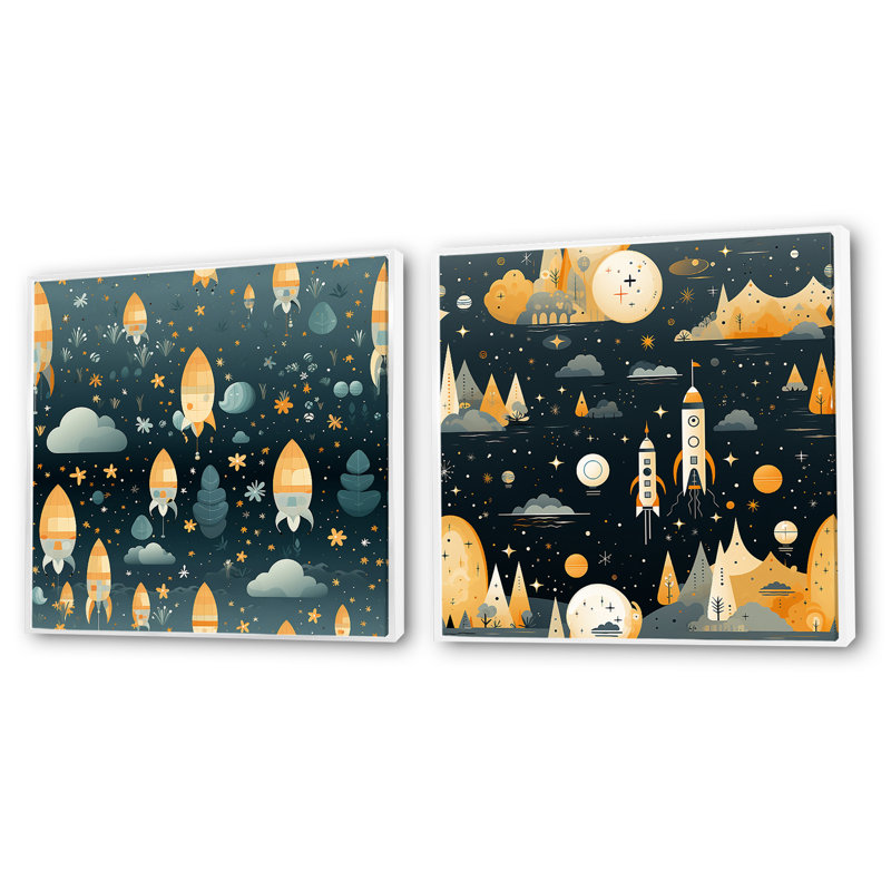 Fusée spatiale pour chambre d'enfant - ensemble de 2 collages carrés pour enfants, Cadre flottant blanc, H 36 po x l 73 po
