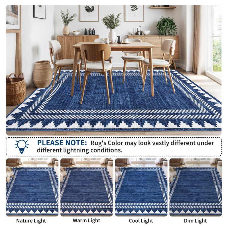 Tapis lavable Geometic Border, Blue, Rectangle 5 pi x 7 pi