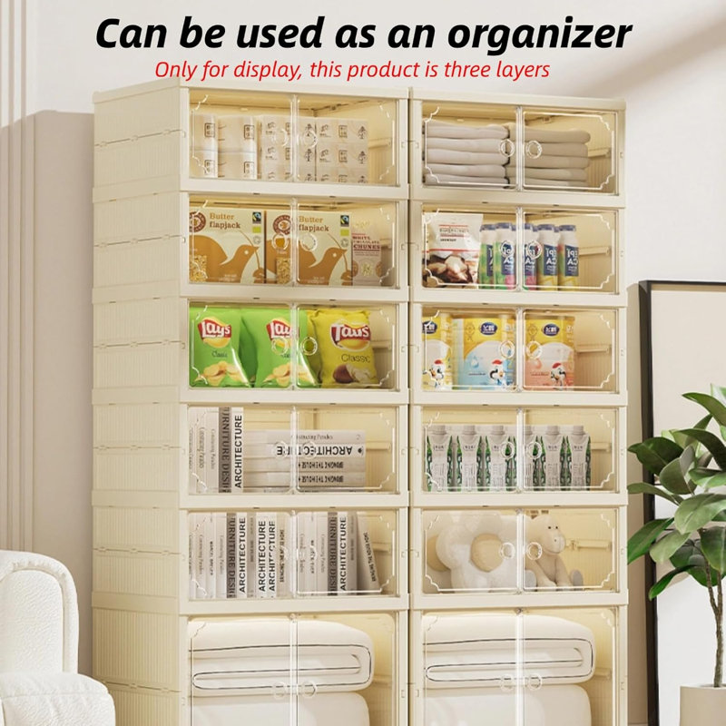 3-Tier Foldable Shoe Rack Organizer With Magnetic Door, No Assembly Required, Stackable Plastic Shoe Storage Cabinet For Closet, Entryway, Sneakers, High Heels