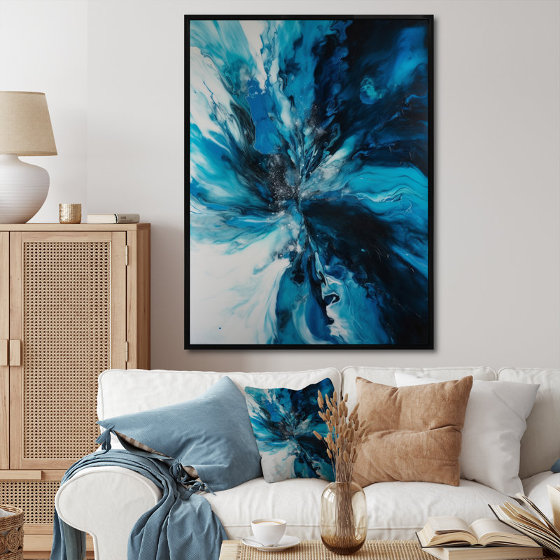 Marbre chromatique bleu et noir sur toile, H 44 po x l 34 po x P 1,5 po, Cadre flottant noir