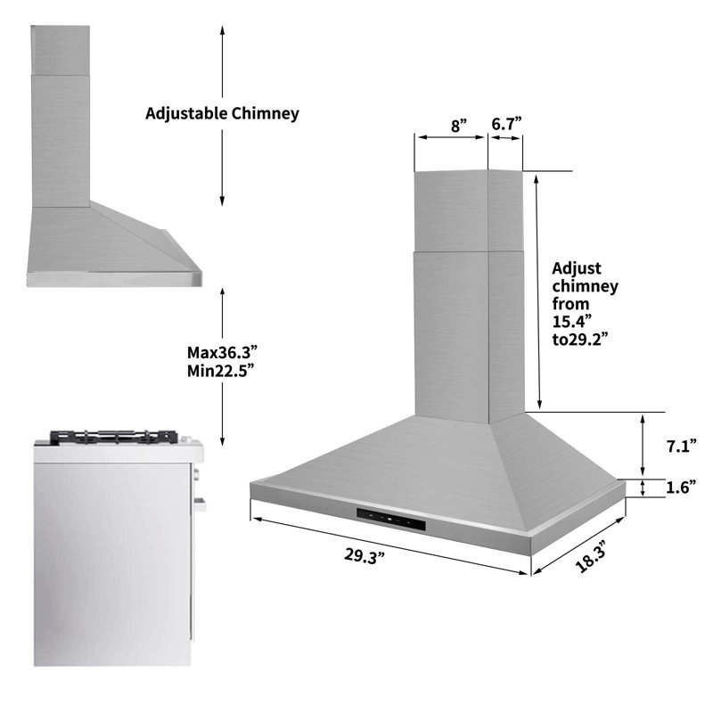 30 Inch Wall Mount Range Hood In Stainless Steel,450 Cfm Ductless/Ducted Convertible Kitchen Hood With Led Light And Baffle Filters, 3 Speed,Touch Control