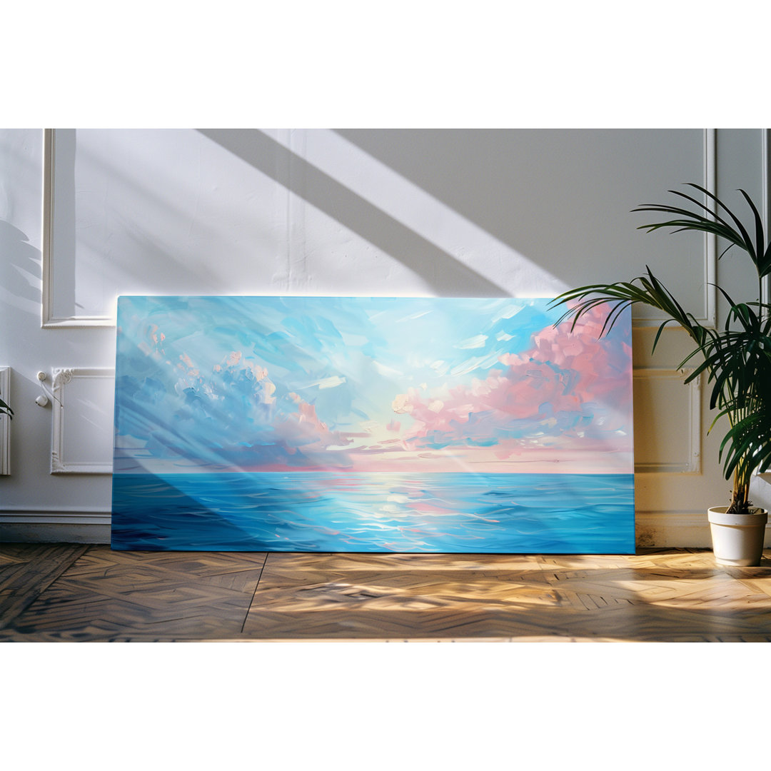 Leinwandbild gerahmt 120x60cm Blaues Meer rosa Wolken Horizont Sonnenuntergang