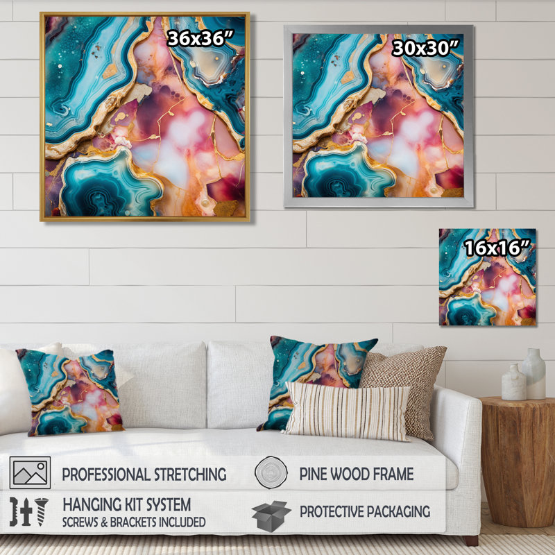 Décoration murale sarcelle Agate Waves Of Glam Gold III - marbre, Cadre flottant doré, H 16 po x l 16 po