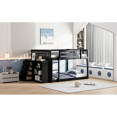 Lit double superposé au-dessus avec tiroir et tablette, bois massif fabriqué pour la chambre à coucher - rangement coloré, 4 tiroirs et 3 tablettes, attrait artisanal