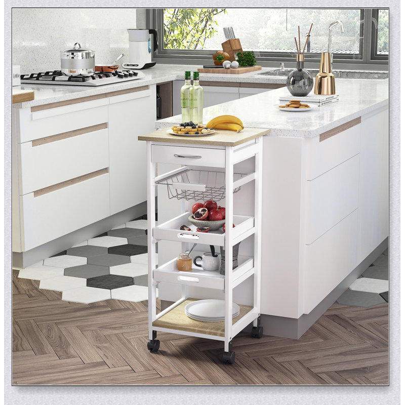 Chariot de cuisine mobile, îlot roulant avec rangement, structure en bois massif, paniers grillagés, plateaux et tiroir pour une meilleure organisation